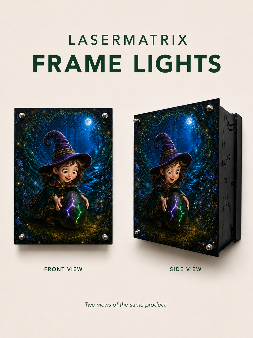 Front and side views of the same Moonlit Hatchling frame light. Assembled appearance; DIY kit.