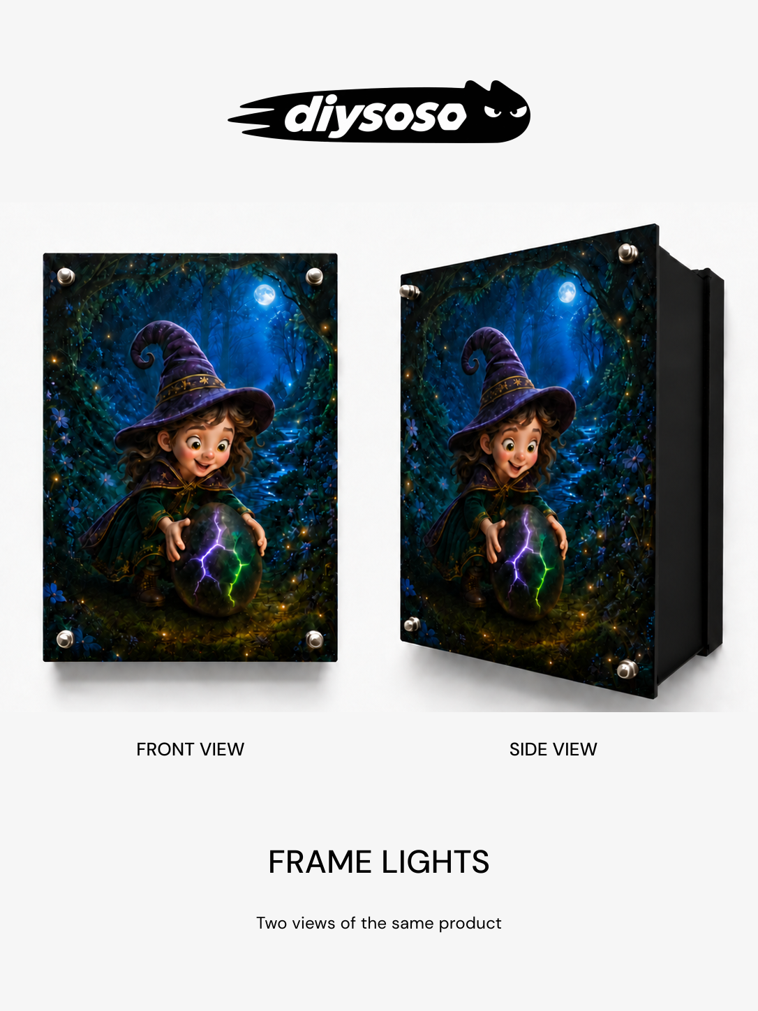 DIYSOSO moonlit frame light kit — front and side views