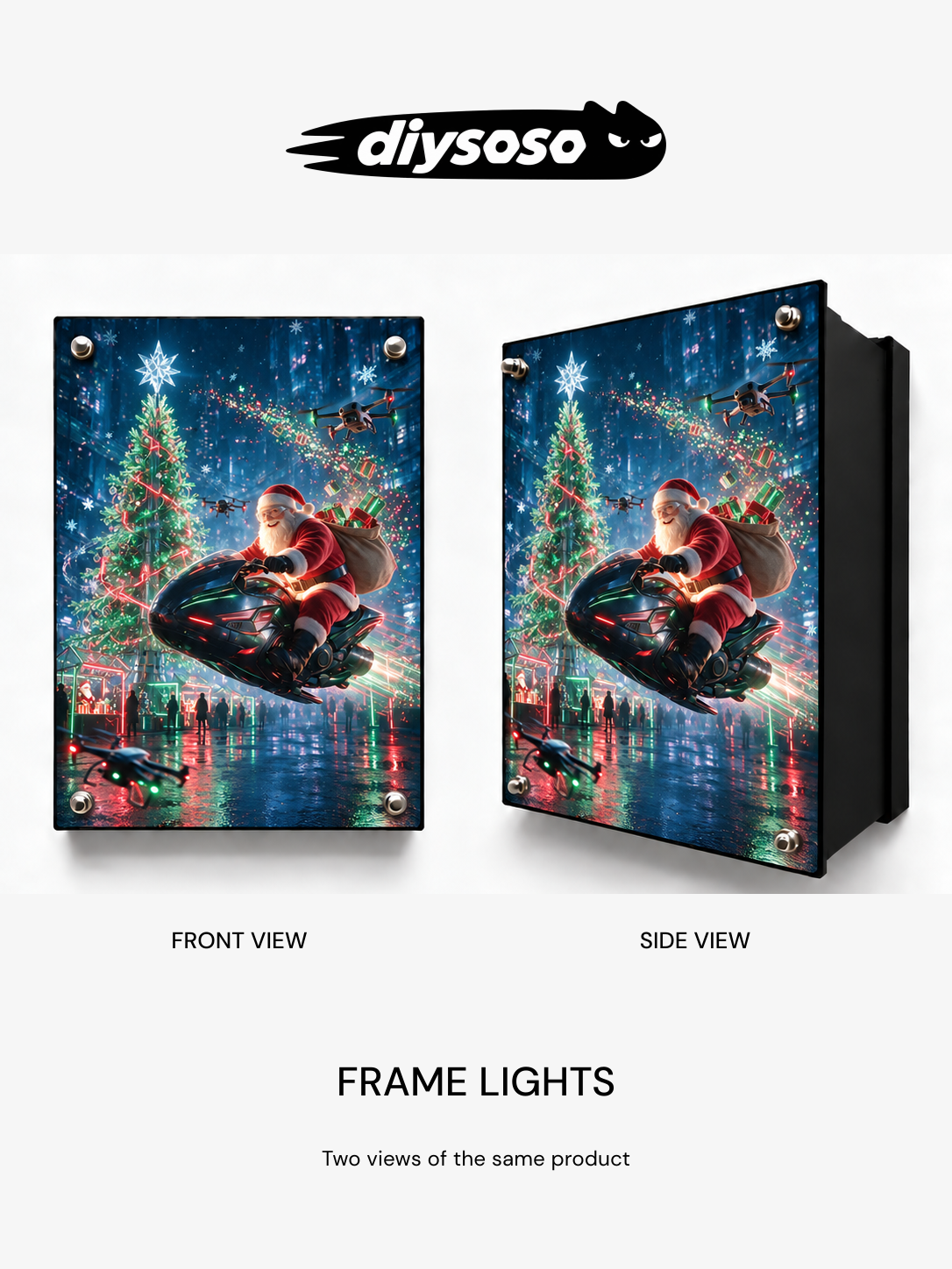 DIYSOSO neon frame light kit — front and side views