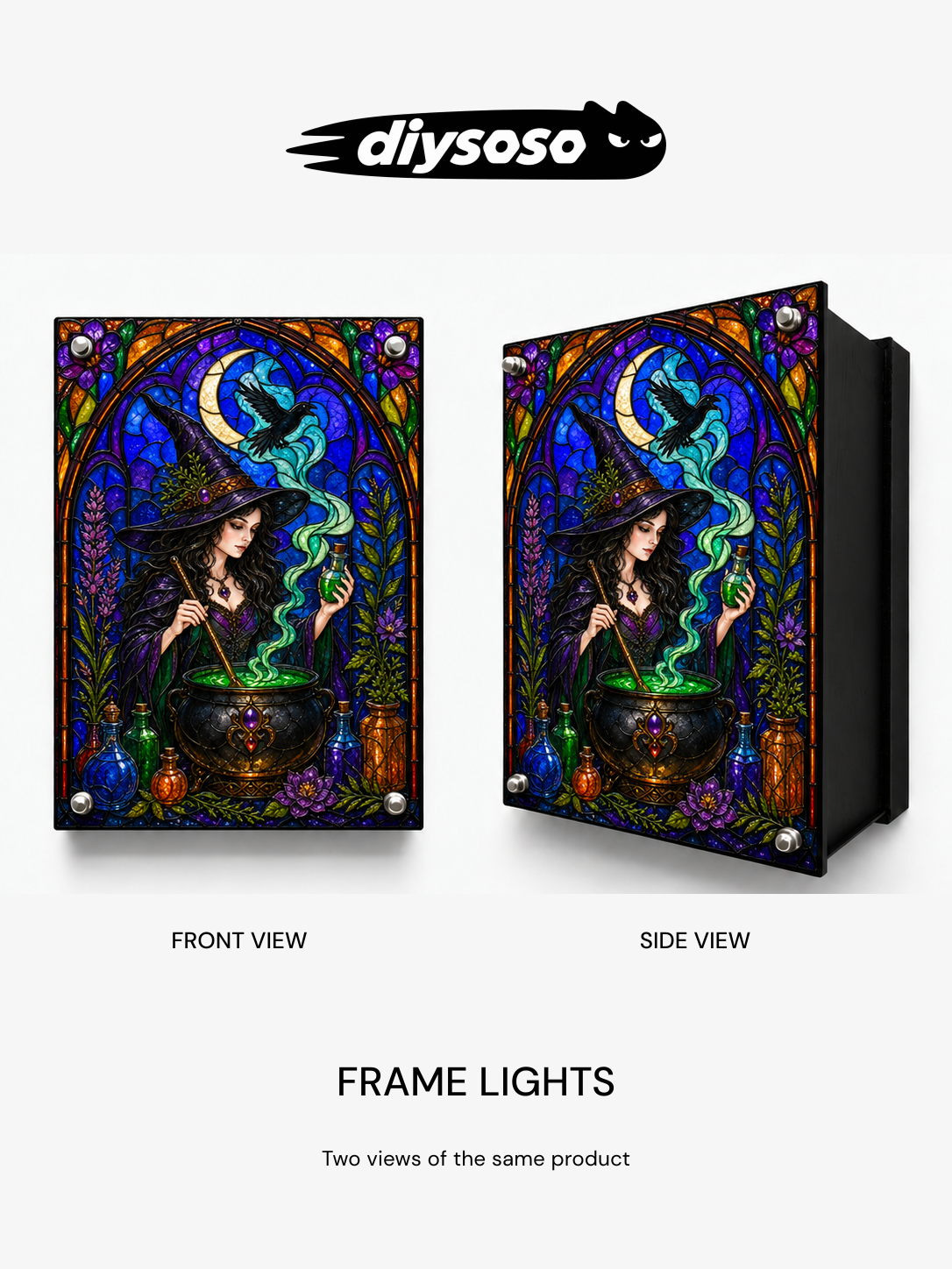 DIYSOSO witch frame light kit — front and side views