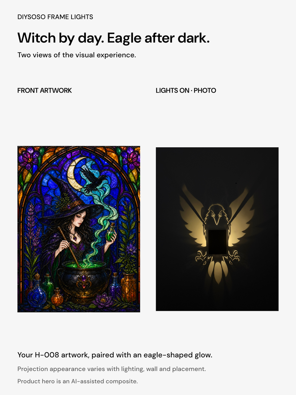 DIYSOSO FRAME LIGHTS H-008 — witch-eagle-day-night. Printed witch front artwork with eagle projection.