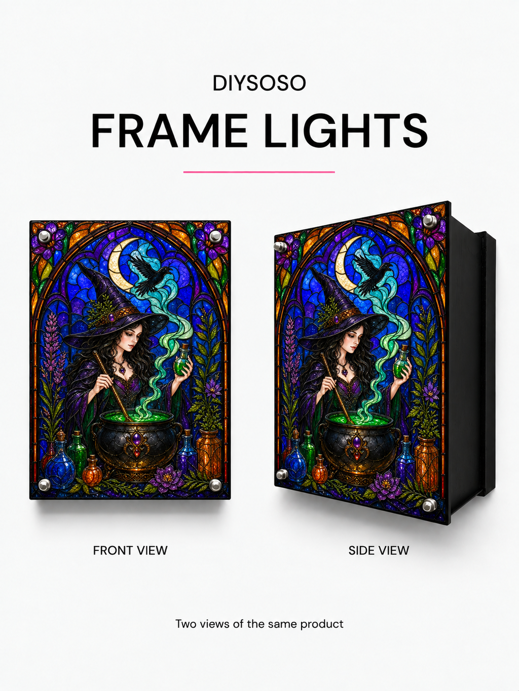 DIYSOSO FRAME LIGHTS H-008 — witch-eagle-front-side. Printed witch front artwork with eagle projection.