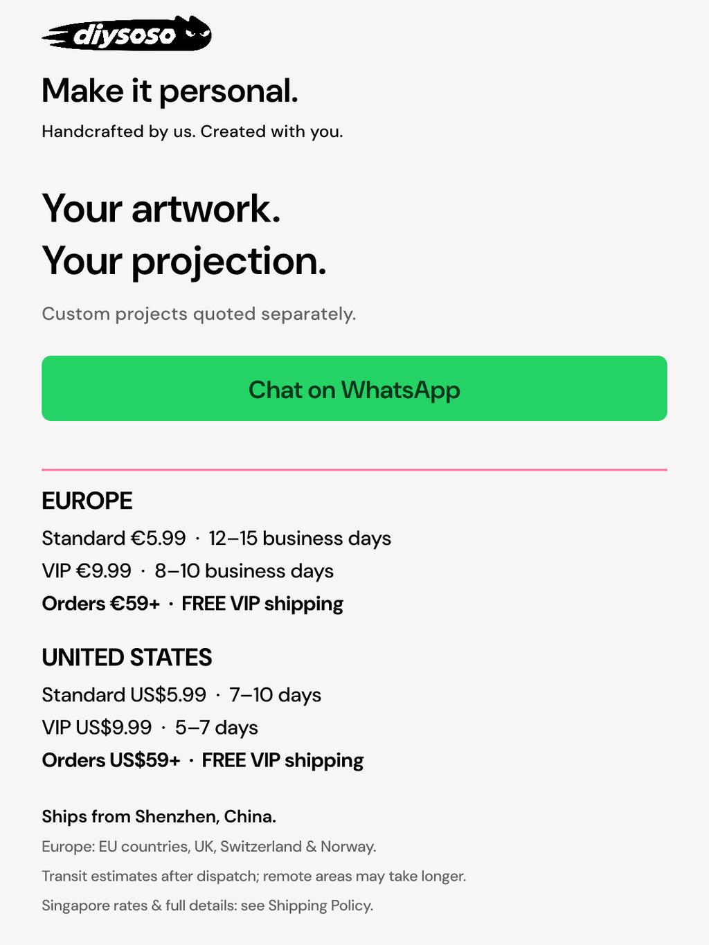 Custom options and shipping: Europe standard €5.99, 12–15 business days; VIP €9.99, 8–10 business days; free VIP on €59+. U.S. rates shown separately. Remote areas may take longer.