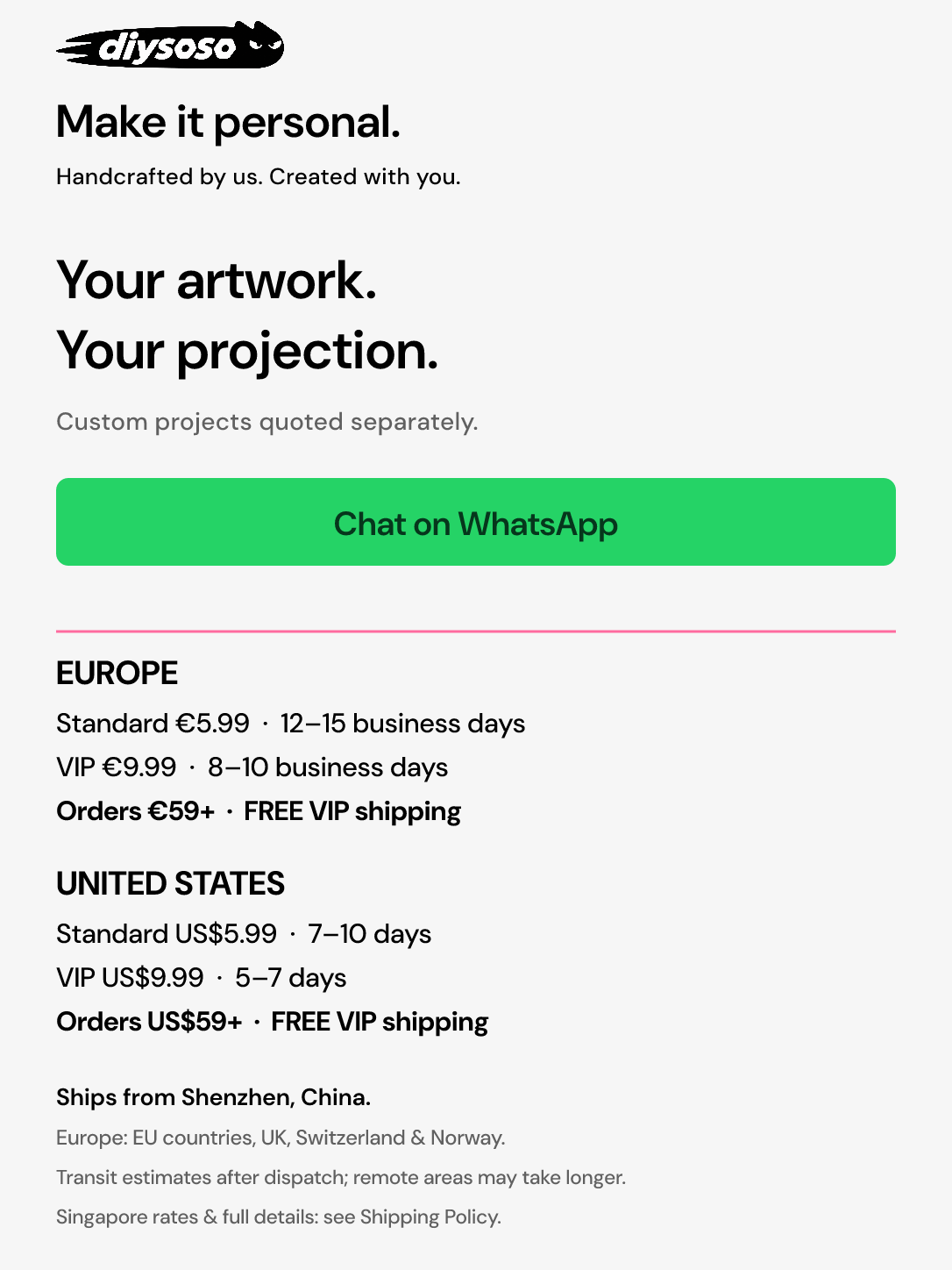 Custom options and shipping: Europe standard €5.99, 12–15 business days; VIP €9.99, 8–10 business days; free VIP on €59+. U.S. rates shown separately. Remote areas may take longer.