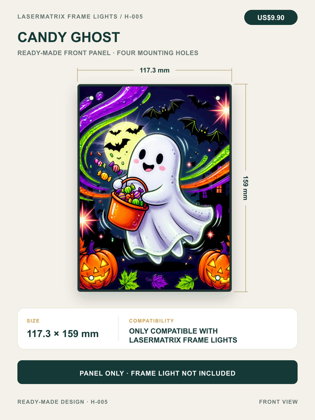 Candy Ghost ready-made front panel, 117.3 x 159 mm with four mounting holes; panel only, for DIYSOSO Frame Lights.