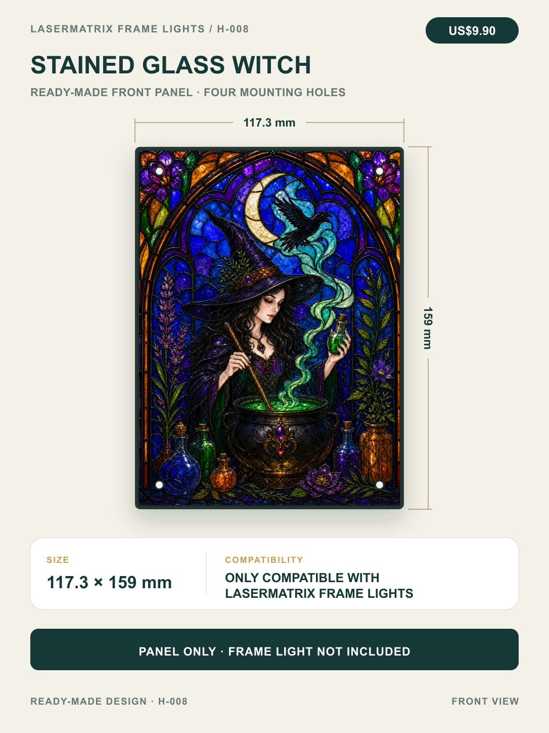 Stained Glass Witch ready-made front panel, 117.3 x 159 mm with four mounting holes; panel only, for DIYSOSO Frame Lights.
