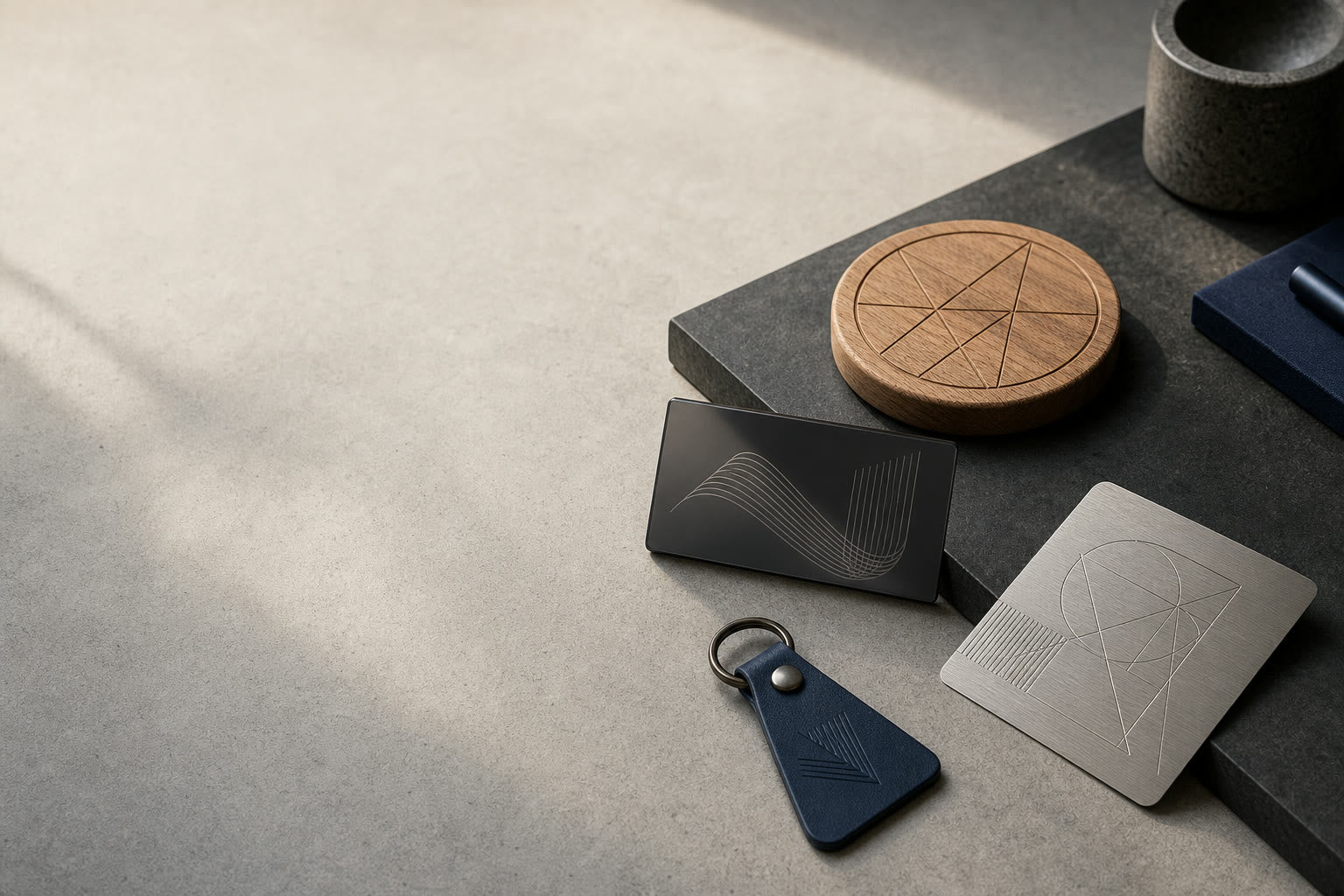 Styled concept of engraved wood, dark acrylic, brushed metal and leather samples